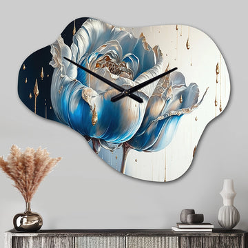 Ice Blue And Gold Paint Drip Tulip I - Asymmetric Metal Wall Clock